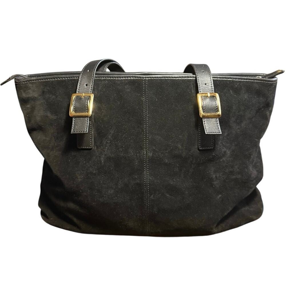 Levenger Black Suede Large Carry Purse Tote Handbag Gold Buckle Accents